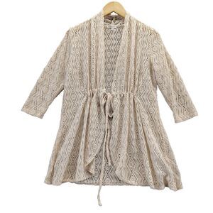 Kiyonna Cardigan Sz 0 Crochet Cream Beige Cinch Tie 3/4 Sleeves Boho Chic